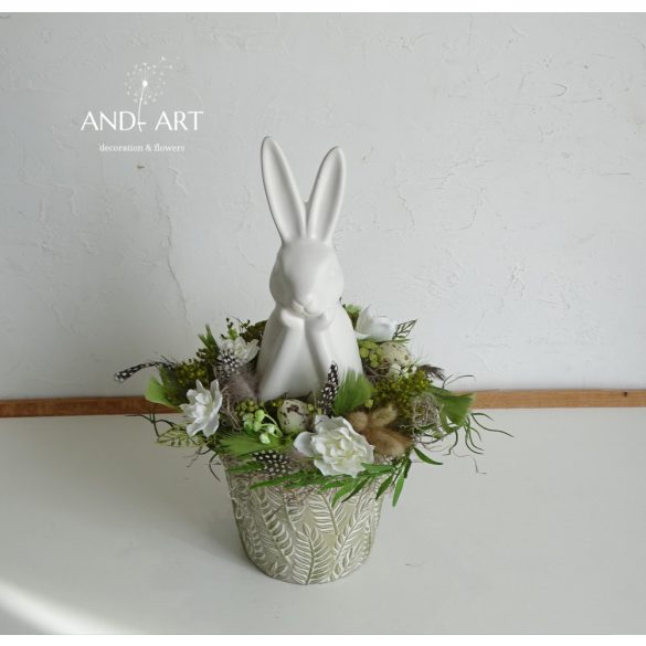 Moderne Osterdekoration mit großem weißen Hasen – Frühlingshafte Tischdeko
